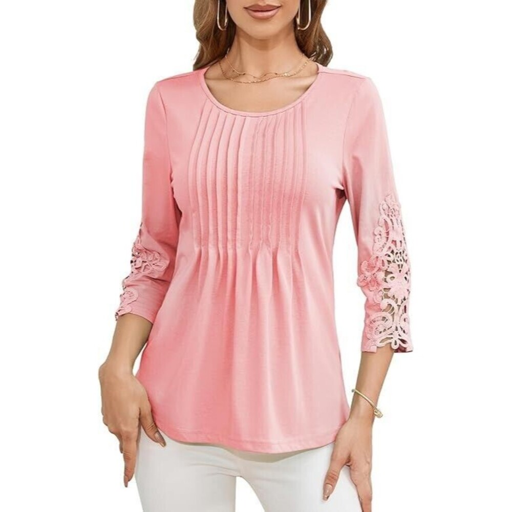 Womens Tops 3/4 Sleeve Tunic Tops Lace Crew Neck Blouses Loose Fit Business Med
